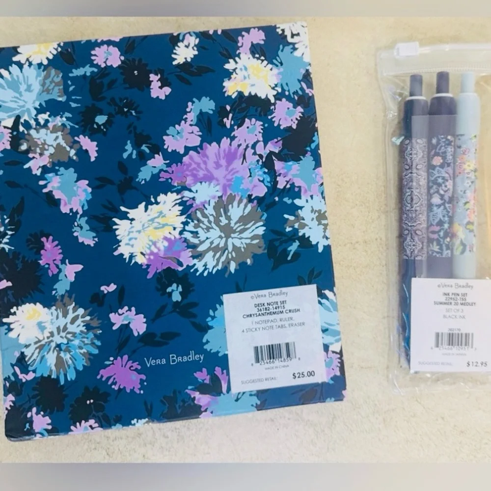 VERA BRADLEY CHRYSANTHEMUM CRUSH DESK SET & 3 BLACK INK CLICK SET